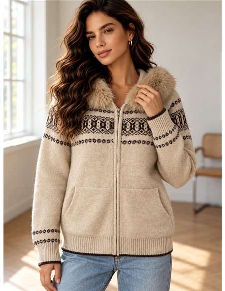 Giacca in maglia jacquard con cappuccio in pelliccia