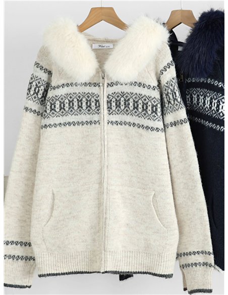 Giacca in maglia jacquard con cappuccio in pelliccia