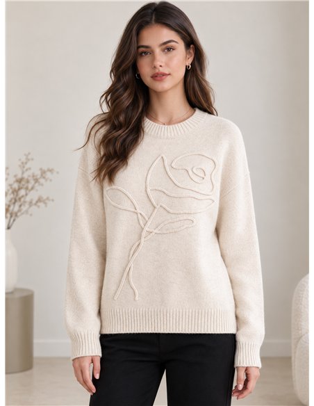 Jersey de punto con rosa bordada