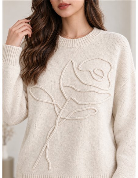 Jersey de punto con rosa bordada