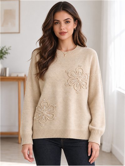 Jersey de punto con flores y perlas