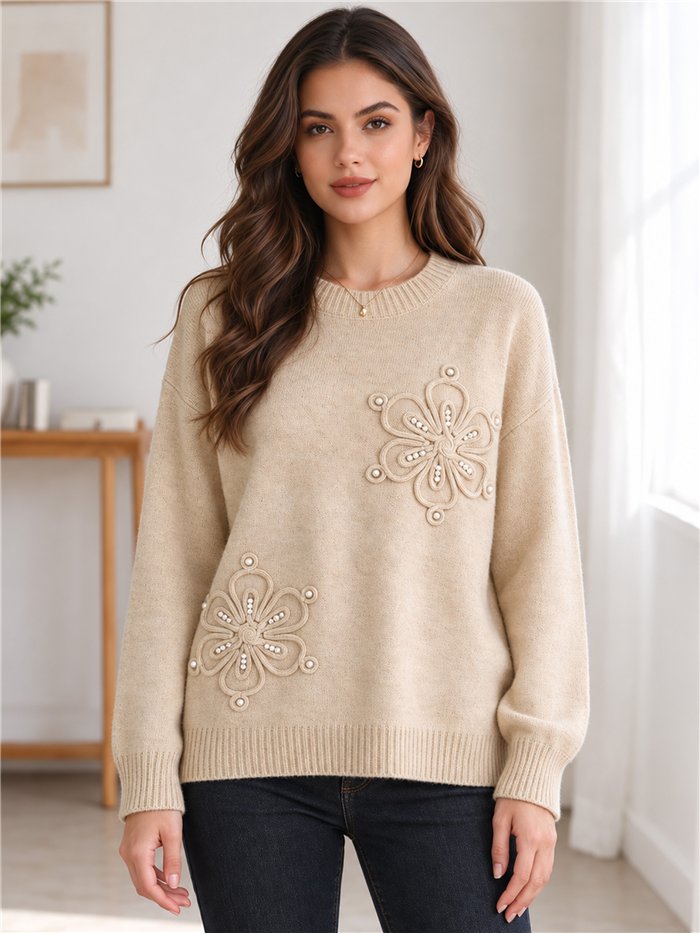 Jersey de punto con flores y perlas