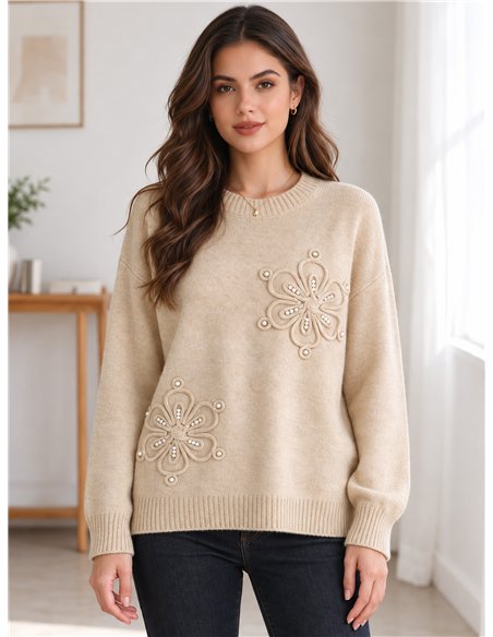 Jersey de punto con flores y perlas