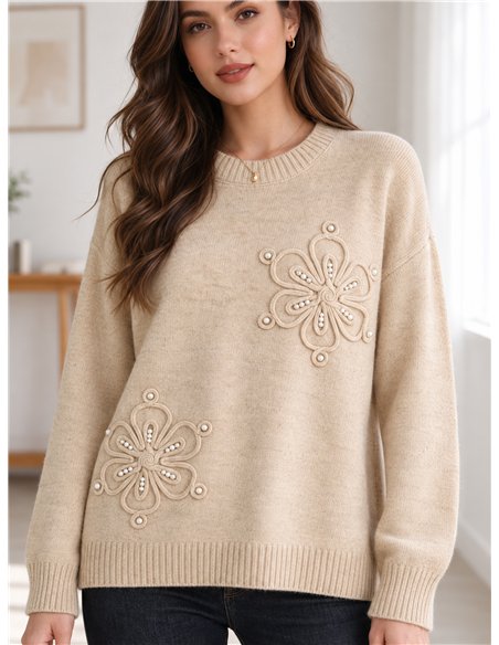 Jersey de punto con flores y perlas