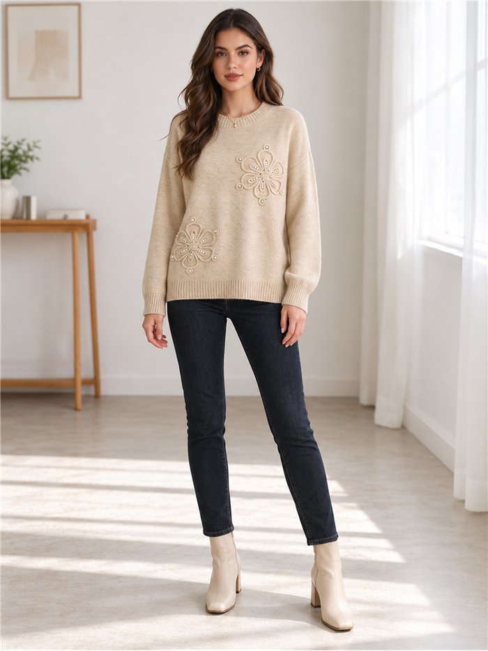 Jersey de punto con flores y perlas