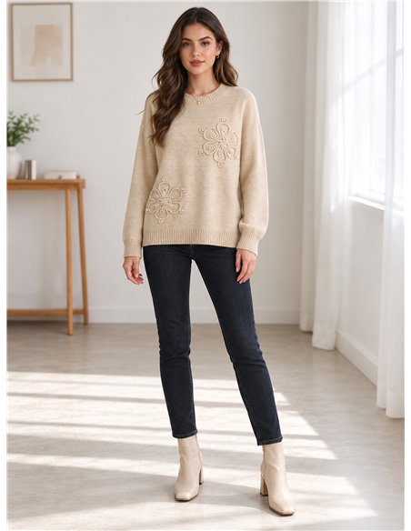 Jersey de punto con flores y perlas
