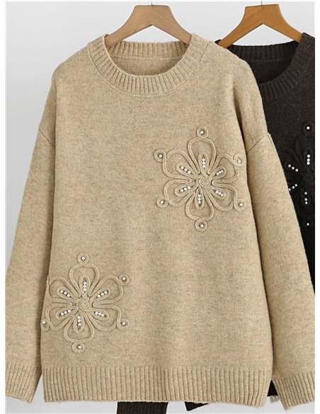 Jersey de punto con flores y perlas
