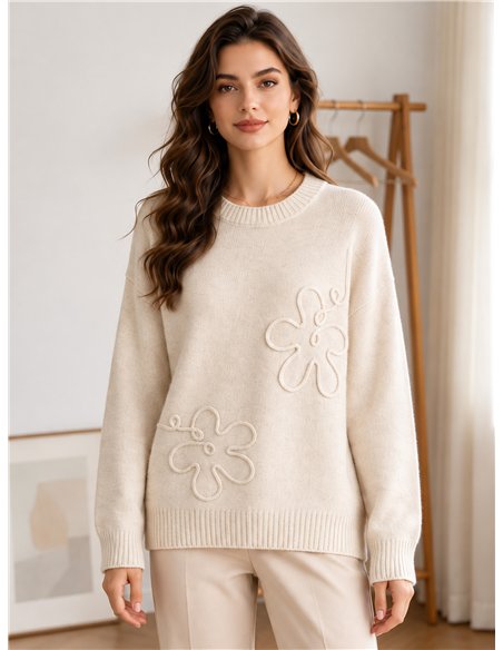 Jersey de punto con flores de cordón