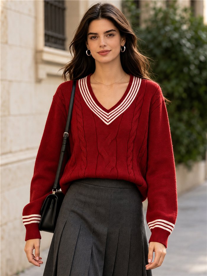Pull en maille à col V et torsades