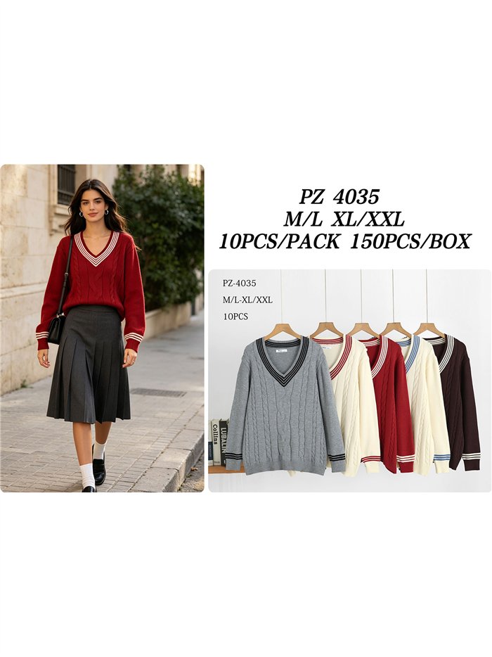 Pull en maille à col V et torsades