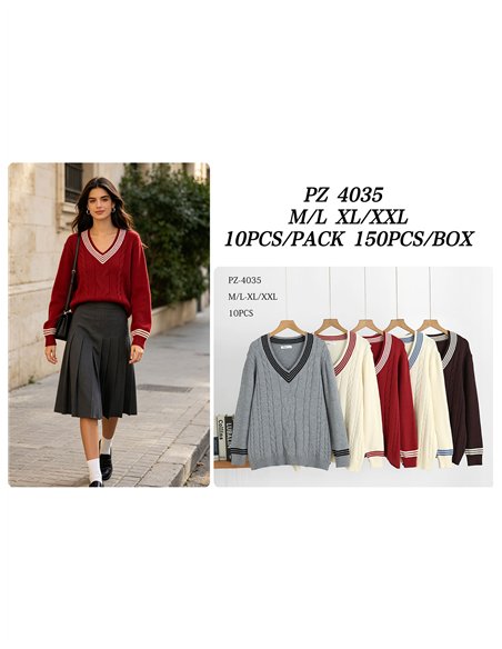 Pull en maille à col V et torsades