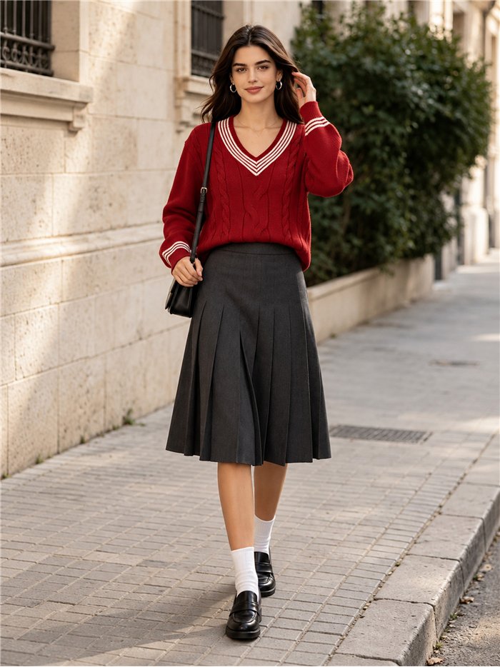 Pull en maille à col V et torsades