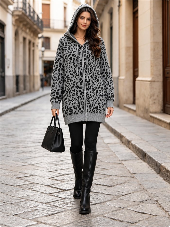 Chaqueta de punto animal print con capucha