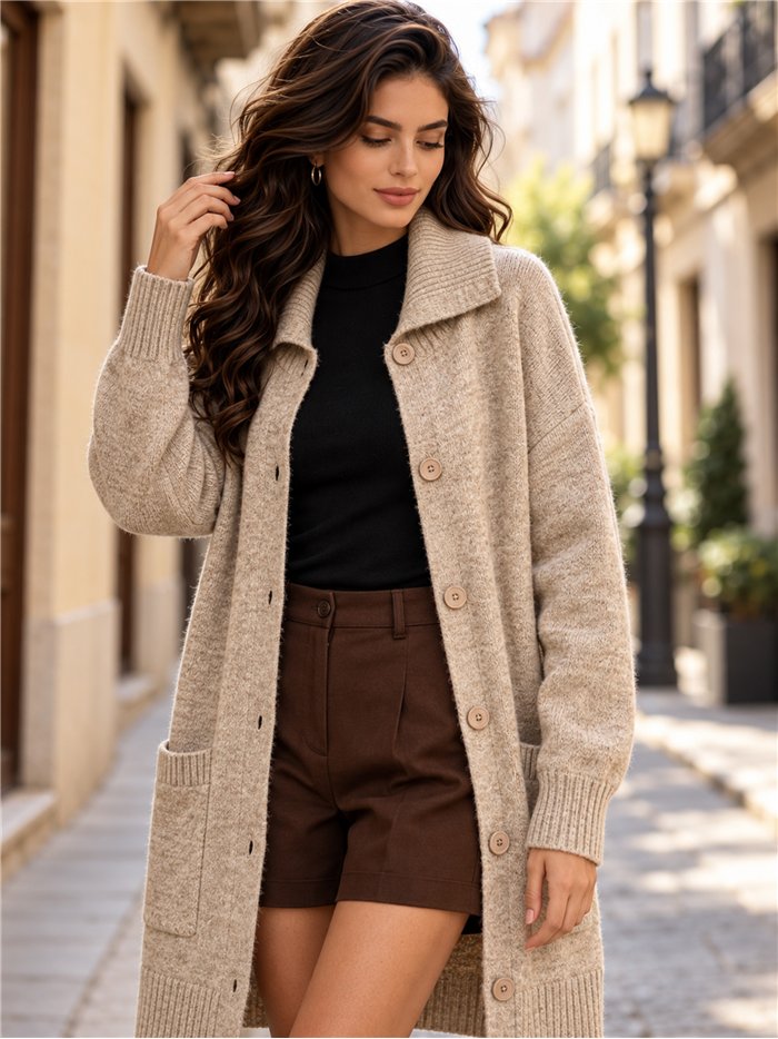Chaqueta larga de punto cuello solapa