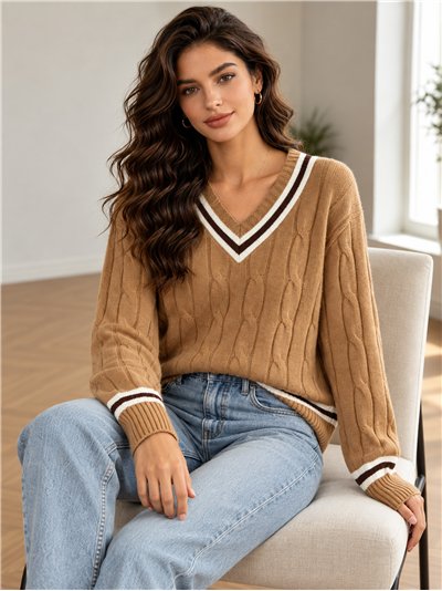 Jersey de punto trenzado cuello pico