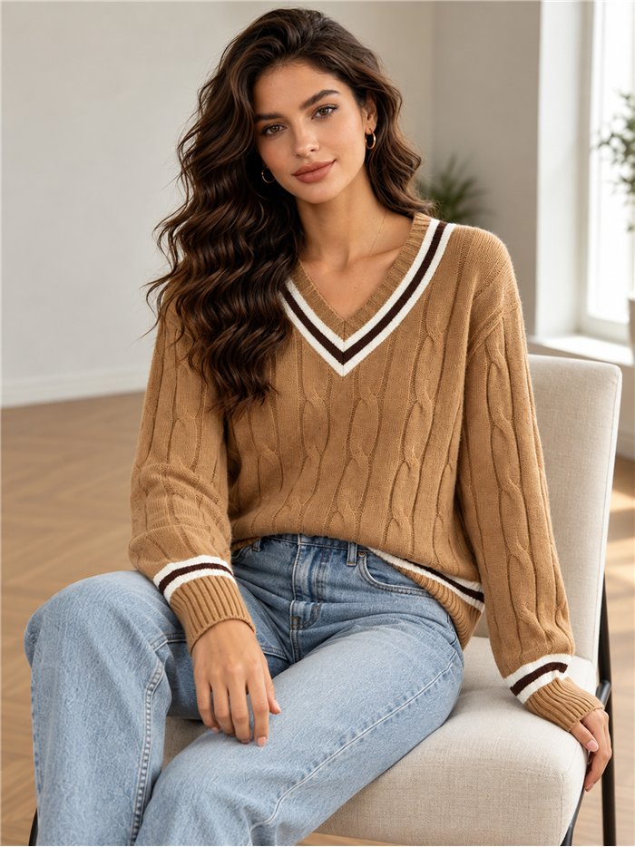Jersey de punto trenzado cuello pico