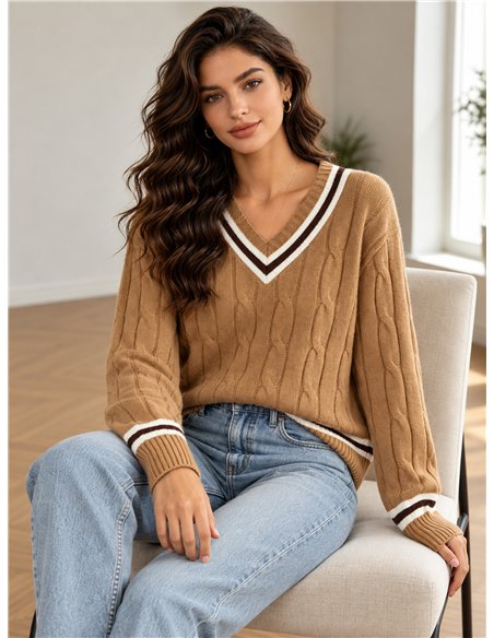 Jersey de punto trenzado cuello pico