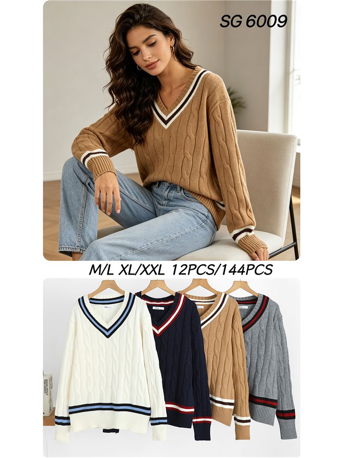 Jersey de punto trenzado cuello pico