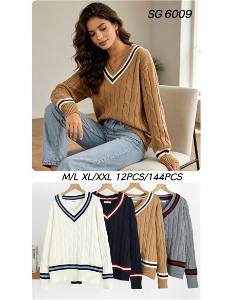 Jersey de punto trenzado cuello pico