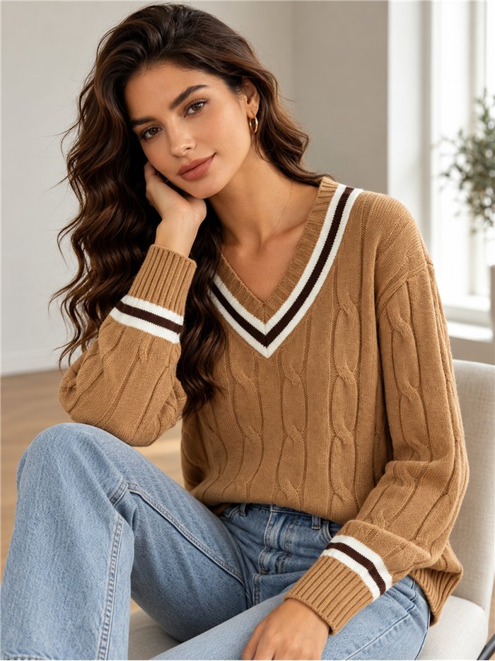 Jersey de punto trenzado cuello pico