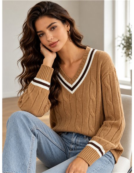 Jersey de punto trenzado cuello pico