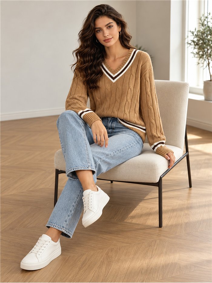 Jersey de punto trenzado cuello pico