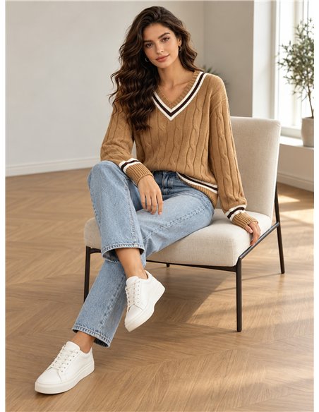 Jersey de punto trenzado cuello pico