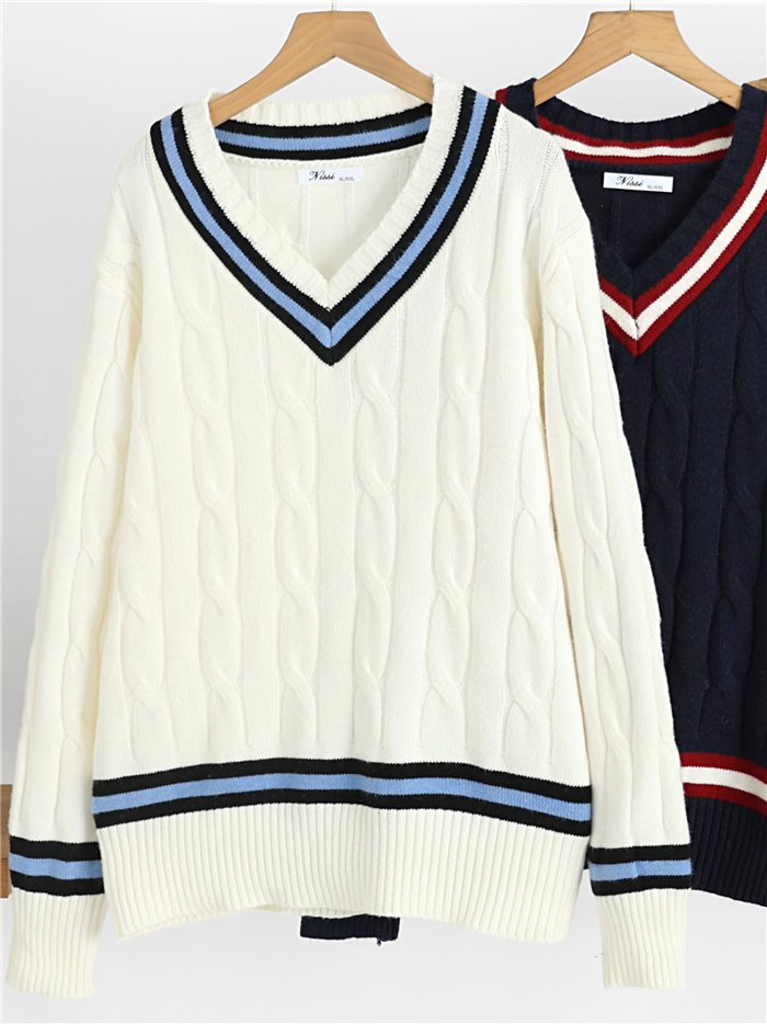 Jersey de punto trenzado cuello pico
