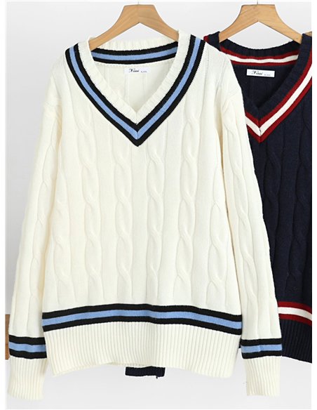 Jersey de punto trenzado cuello pico