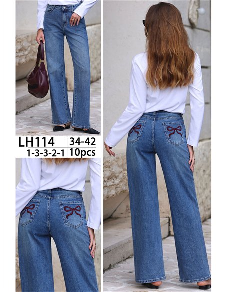 Jeans wide leg con lazos bordados