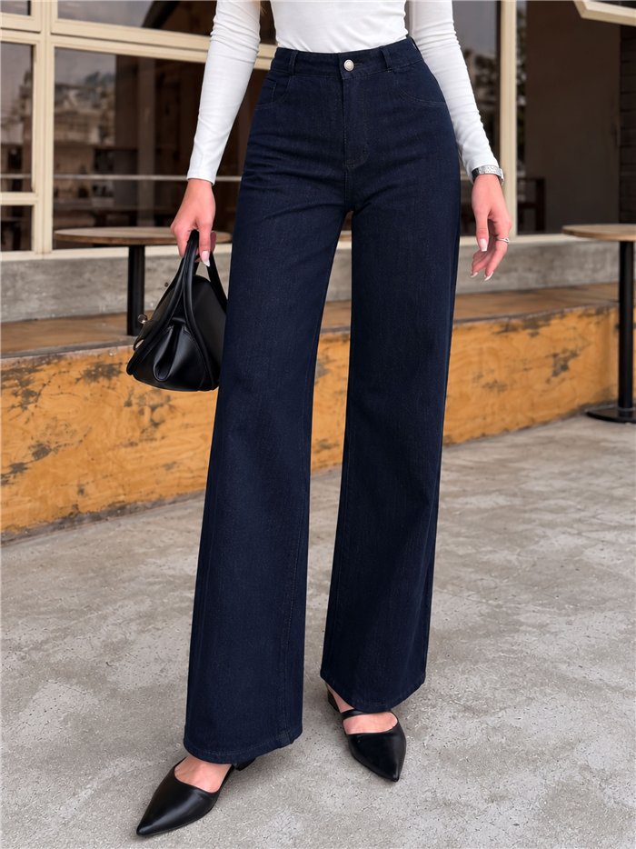 Jeans wide leg azul oscuro con faja