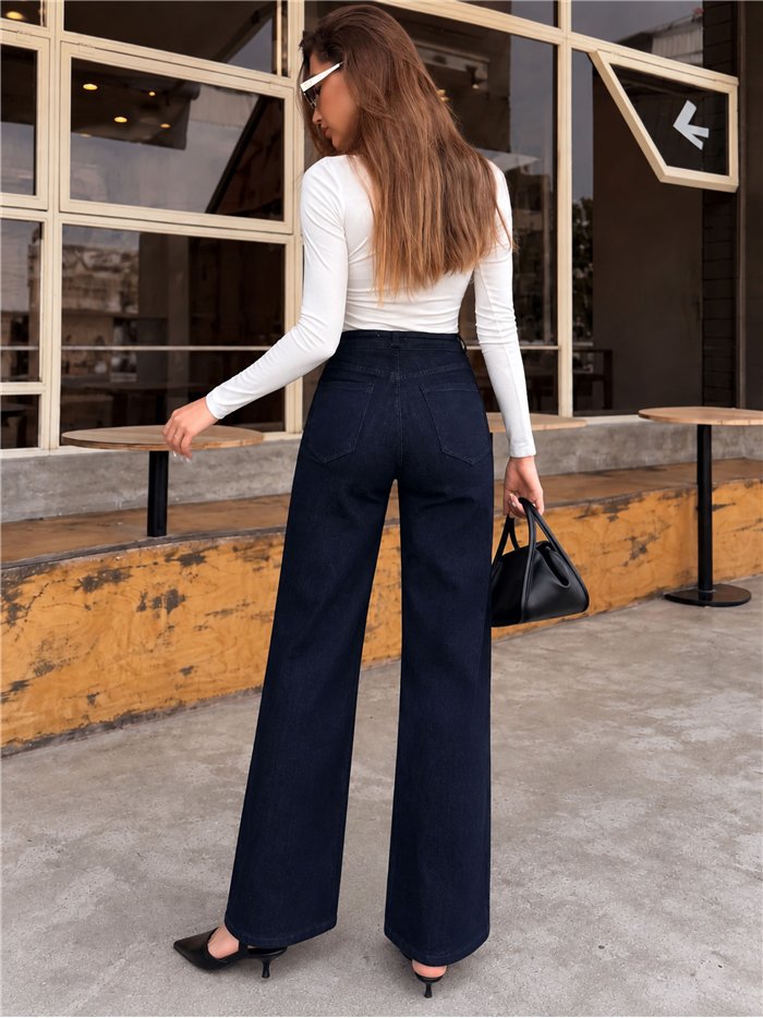 Jeans wide leg azul oscuro con faja