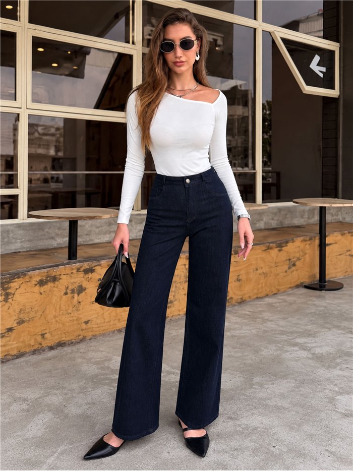 Jeans wide leg azul oscuro con faja