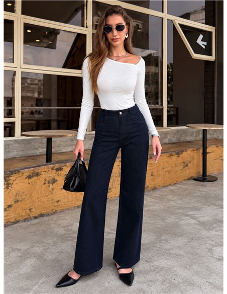 Jeans wide leg azul oscuro con faja