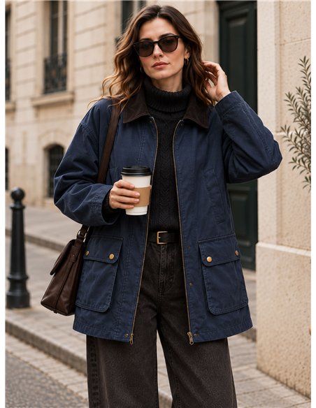 Parka encerada com gola de veludo cotelê