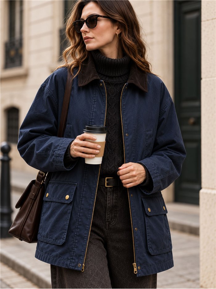 Parka encerada com gola de veludo cotelê