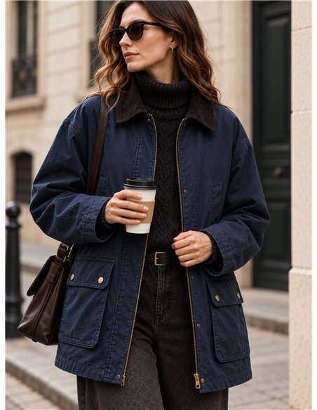 Parka encerada com gola de veludo cotelê