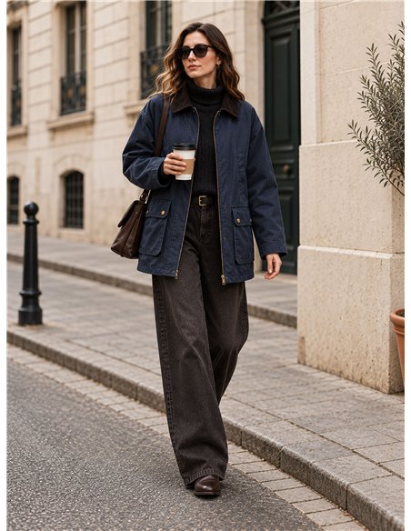 Parka encerada com gola de veludo cotelê