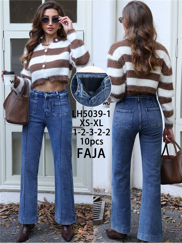 Jeans wide leg con faja y bolsillos