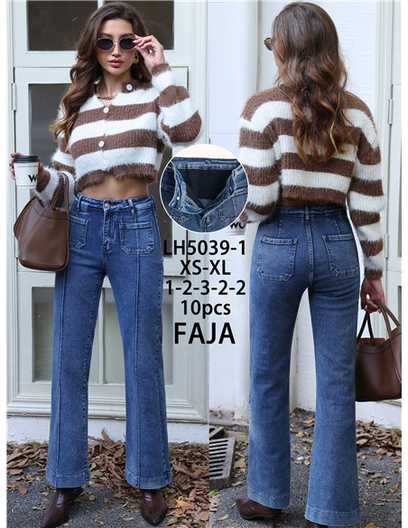 Jeans wide leg con faja y bolsillos