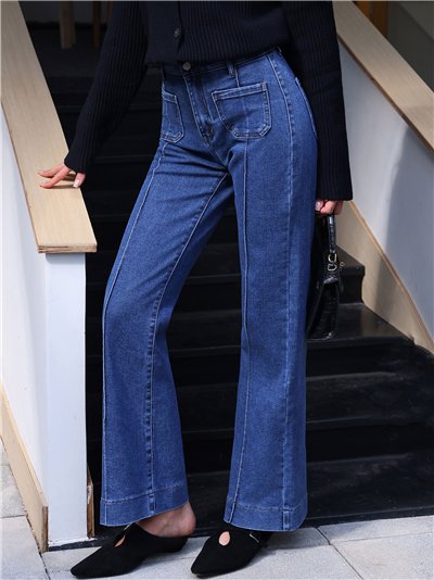 Jeans wide leg azul con faja y bolsillos