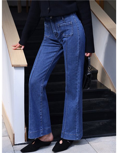 Jeans wide leg azul con faja y bolsillos