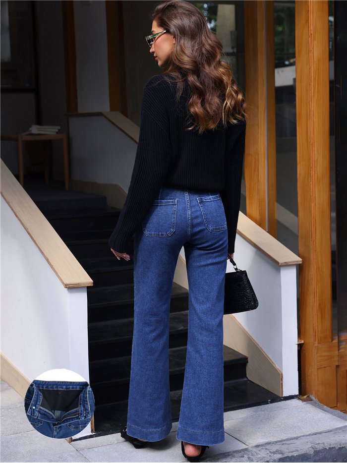 Jeans wide leg azul con faja y bolsillos