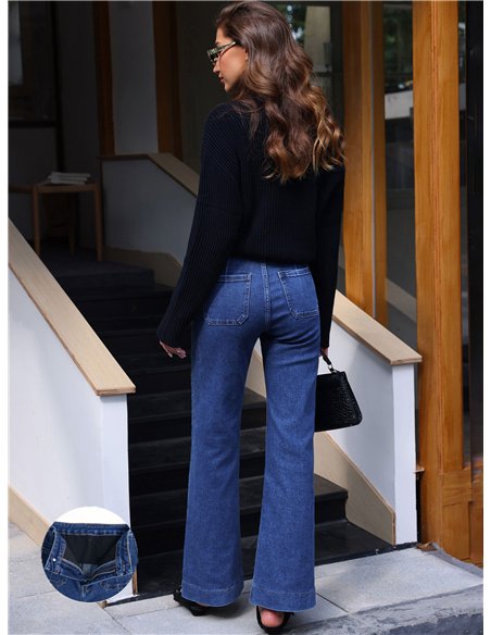 Jeans wide leg azul con faja y bolsillos