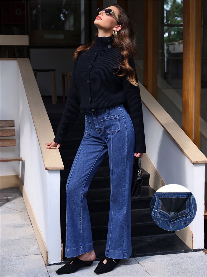 Jeans wide leg azul con faja y bolsillos