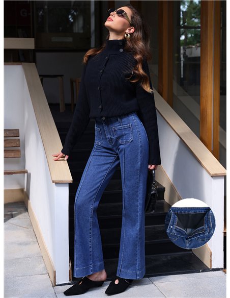 Jeans wide leg azul con faja y bolsillos