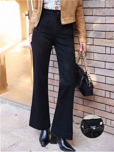 Jeans wide leg negro con faja y bolsillos