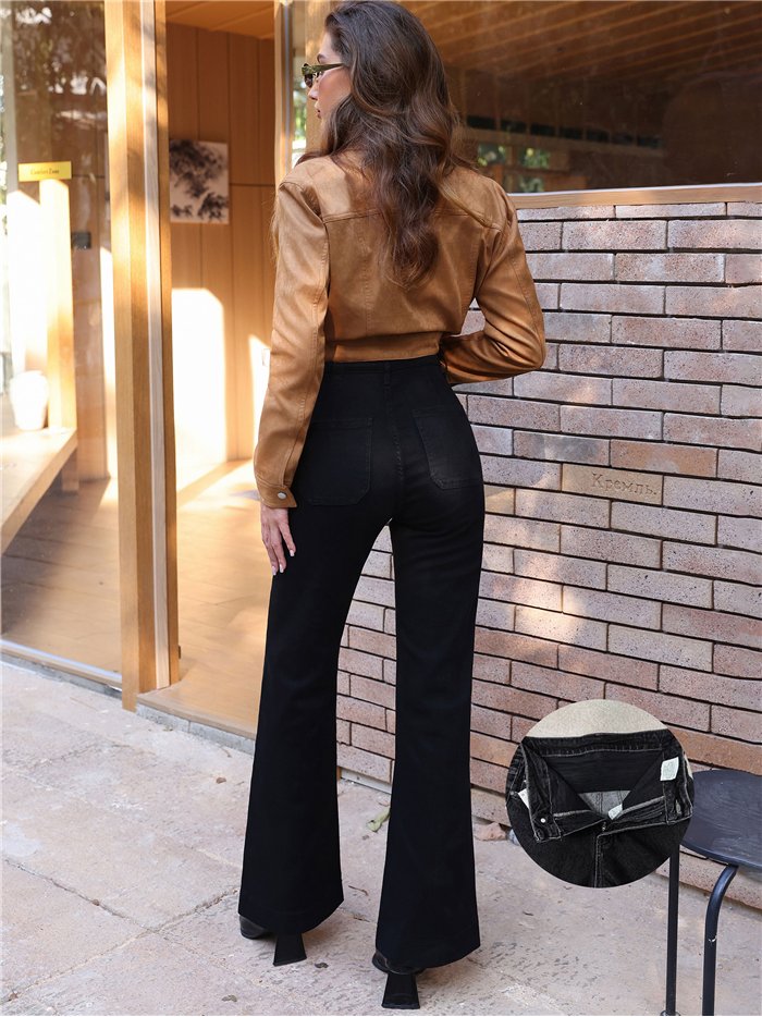 Jeans wide leg negro con faja y bolsillos