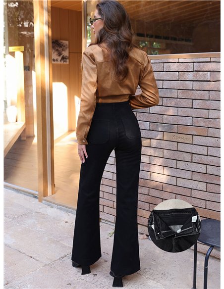 Jeans wide leg negro con faja y bolsillos