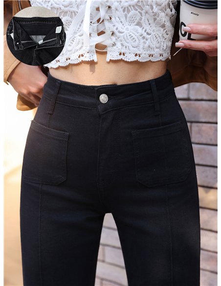 Jeans wide leg negro con faja y bolsillos